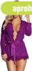 Sheer Lace Trim Purple Robe With Thong, M?L